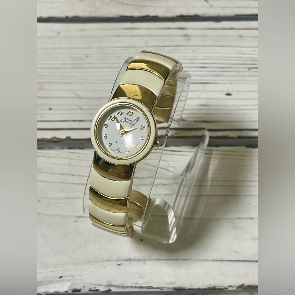 NEW BATTERY Vintage 90's Women’s Bangle Watch Boca Classics Gold White Ivory‎